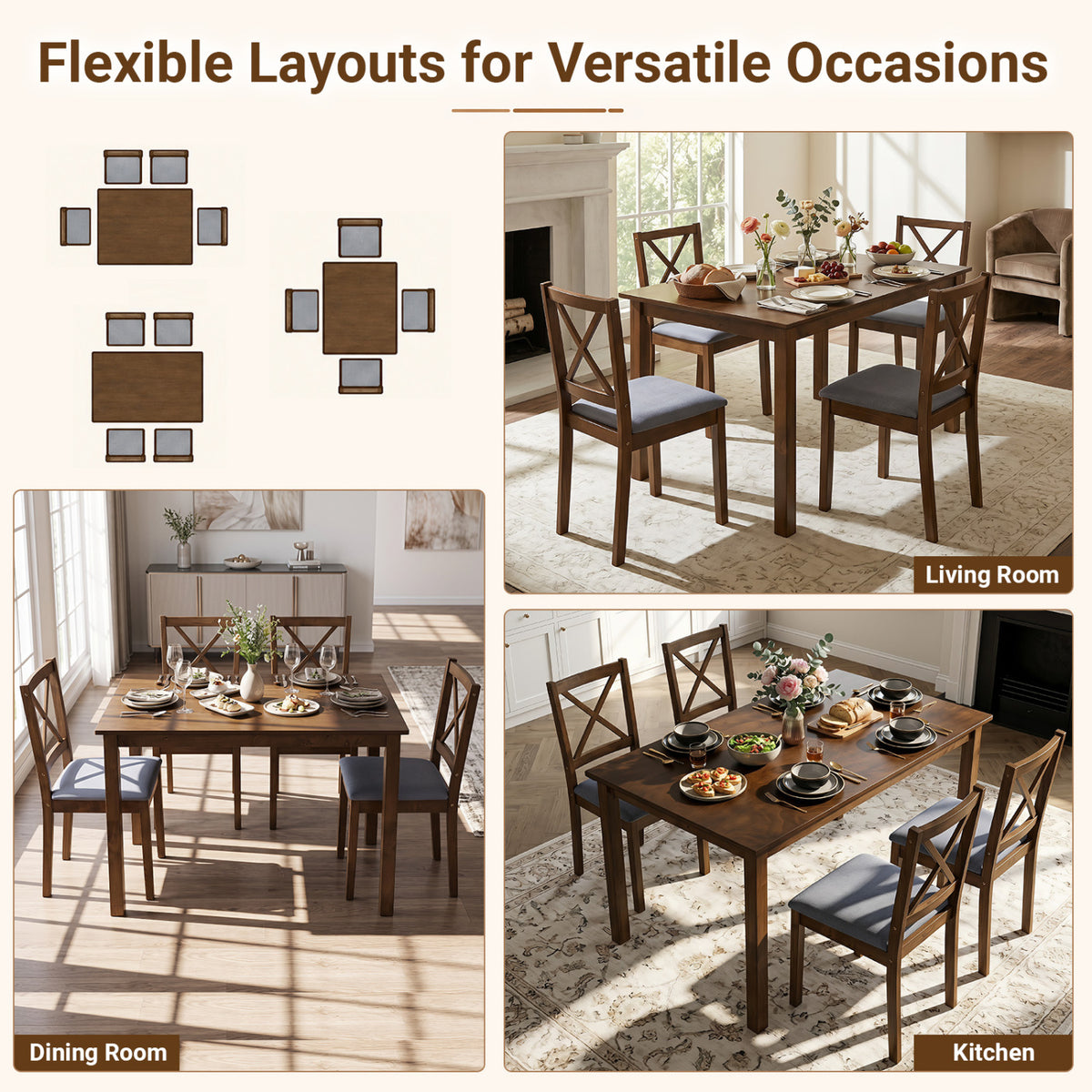 5-Piece Dining Set with Rectangular Table & Fabric Chairs for Small Space-Gray view 9