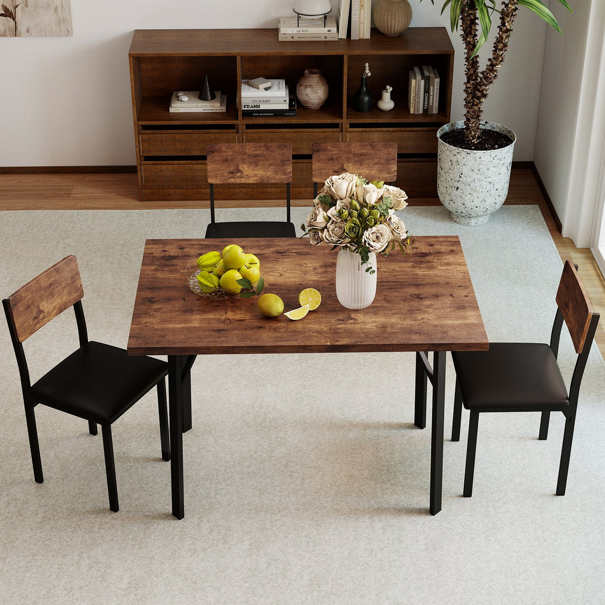5-Piece Dining Table Set for 4 People Industrial Kitchen Table and 4 PU Leather Chairs-Brown view 2