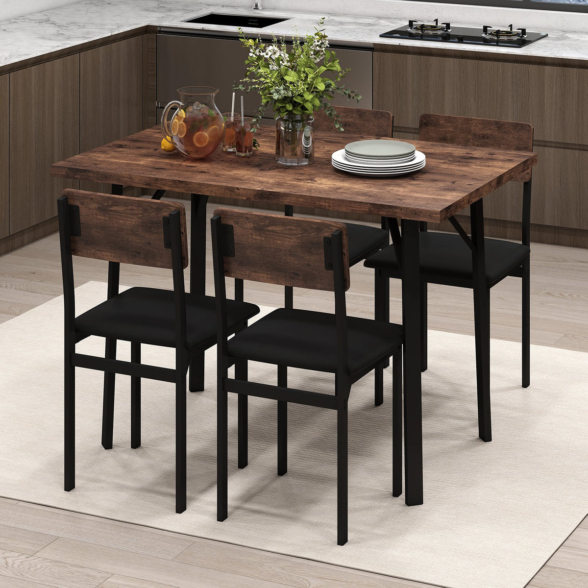 5-Piece Dining Table Set for 4 People Industrial Kitchen Table and 4 PU Leather Chairs-Brown view 3