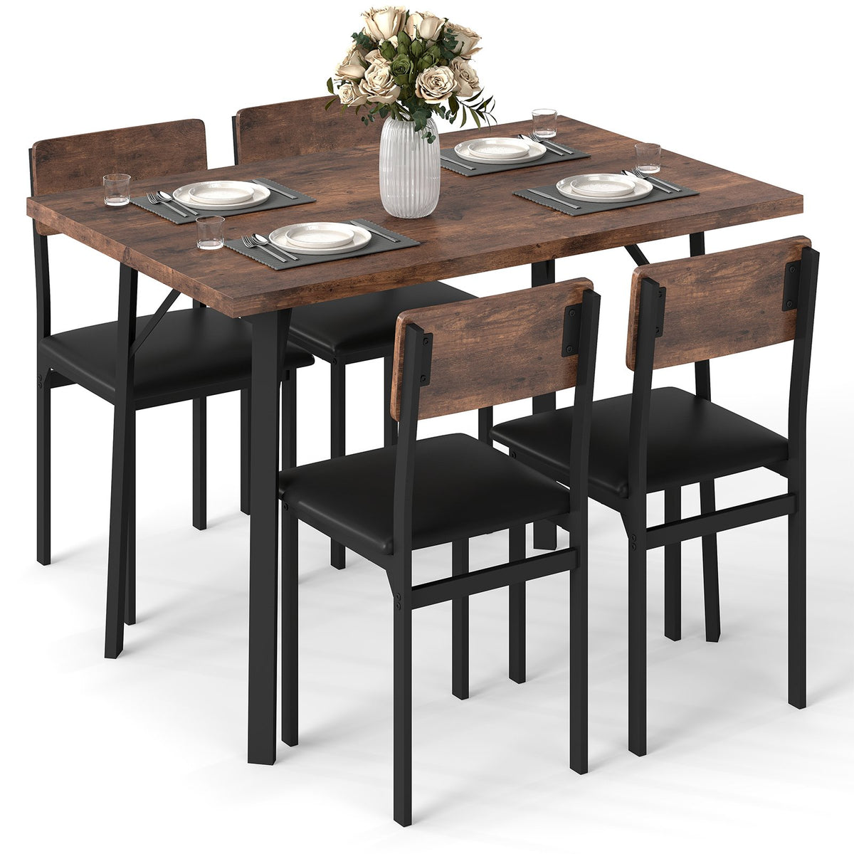 5-Piece Dining Table Set for 4 People Industrial Kitchen Table and 4 PU Leather Chairs-Brown view 4