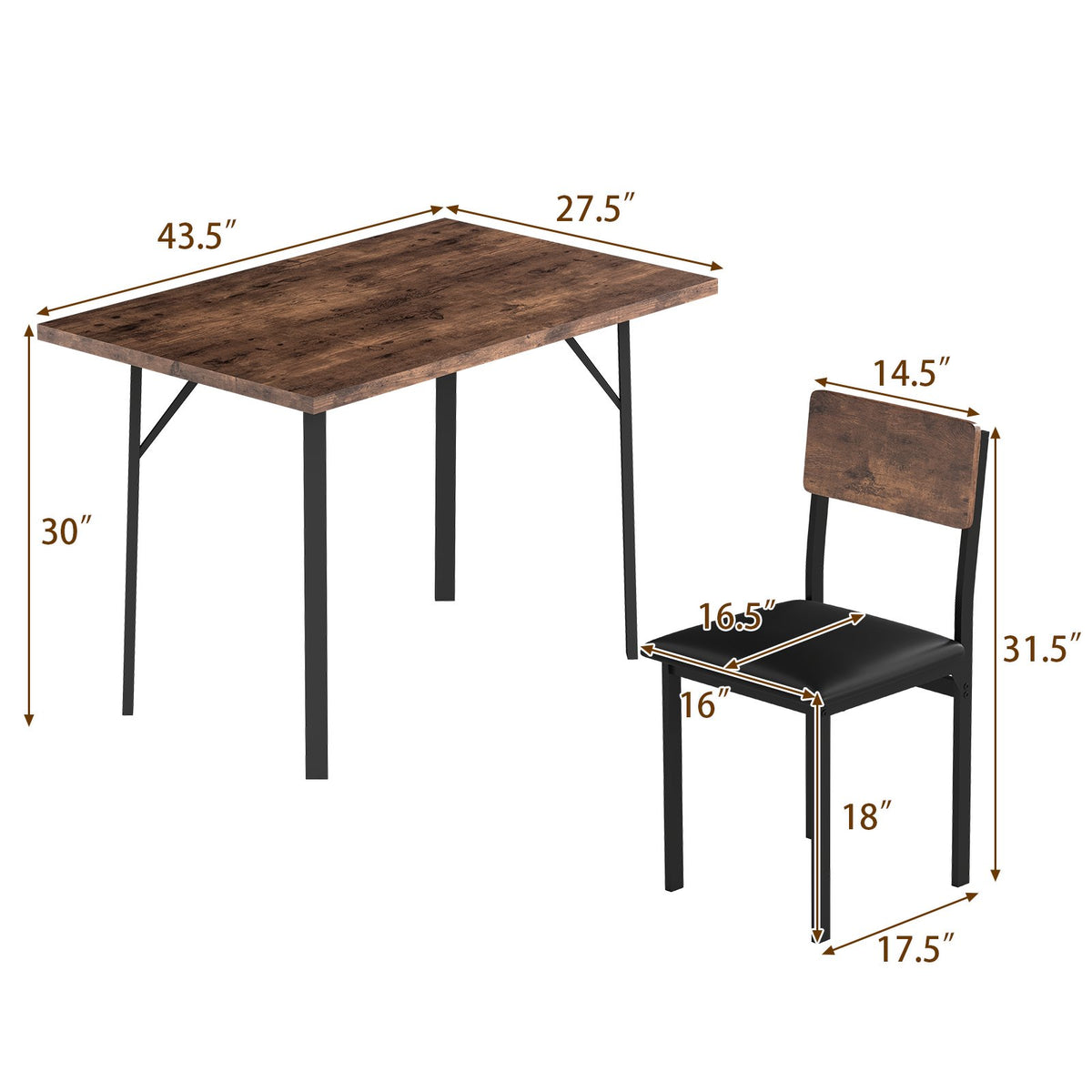 5-Piece Dining Table Set for 4 People Industrial Kitchen Table and 4 PU Leather Chairs-Brown view 5