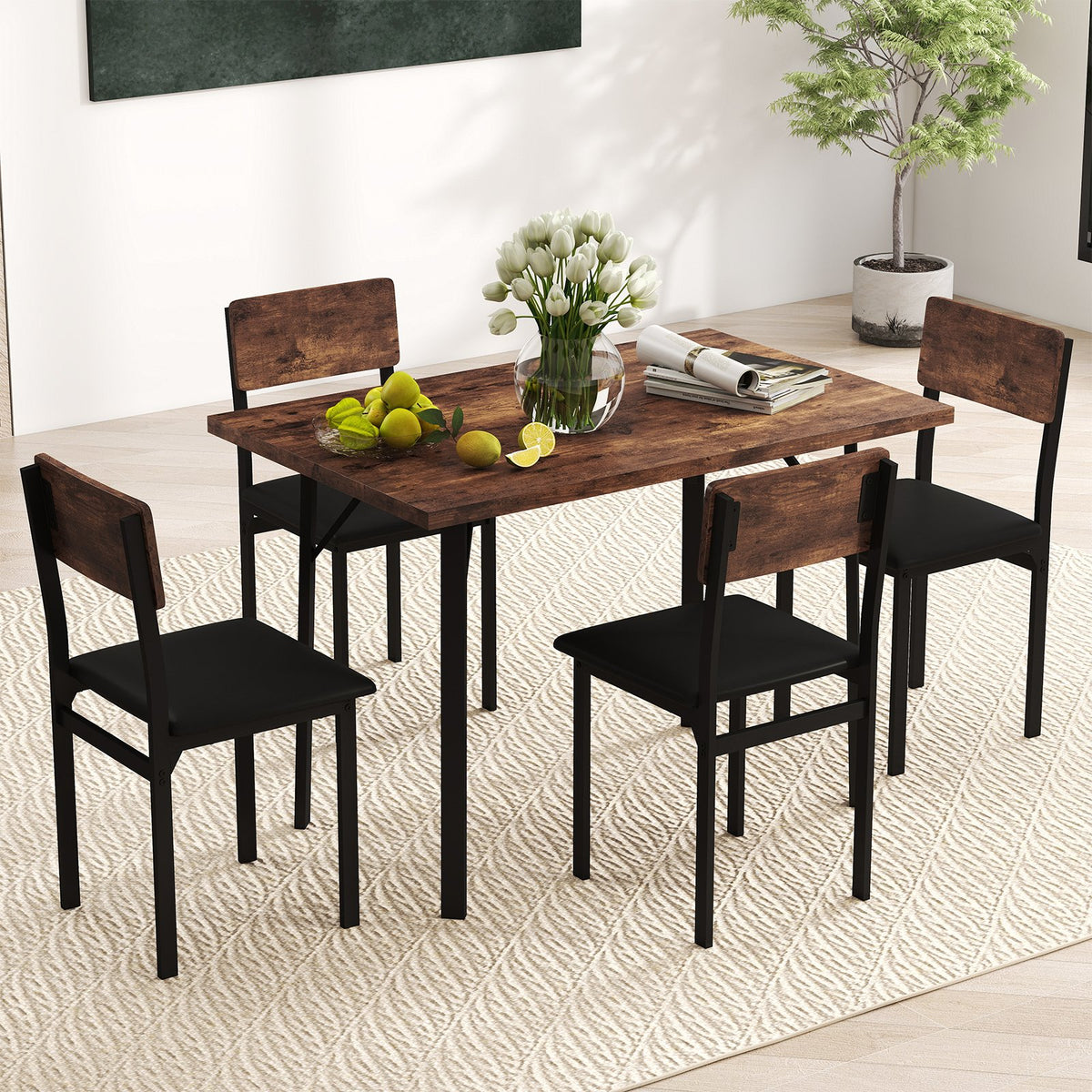 5-Piece Dining Table Set for 4 People Industrial Kitchen Table and 4 PU Leather Chairs-Brown view 6