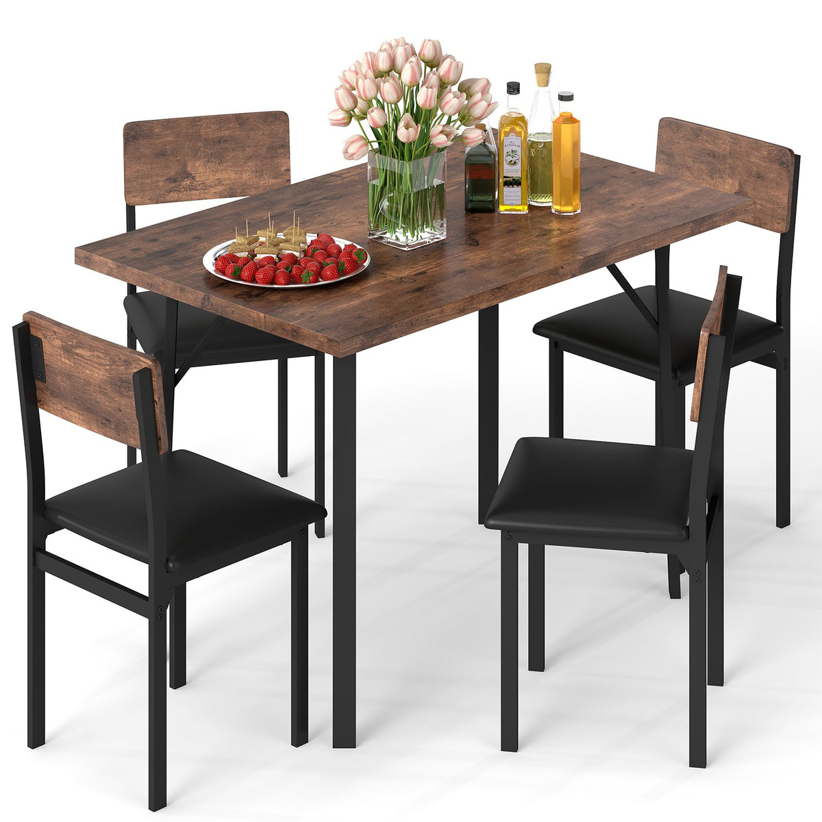 5-Piece Dining Table Set for 4 People Industrial Kitchen Table and 4 PU Leather Chairs-Brown view 8