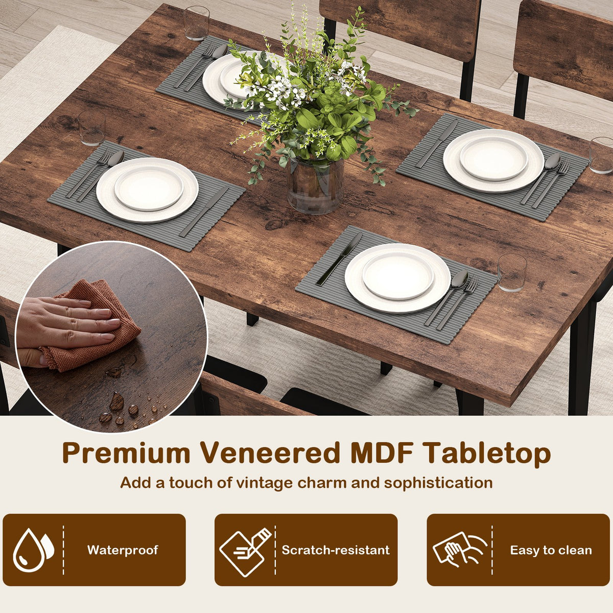 5-Piece Dining Table Set for 4 People Industrial Kitchen Table and 4 PU Leather Chairs-Brown view 9