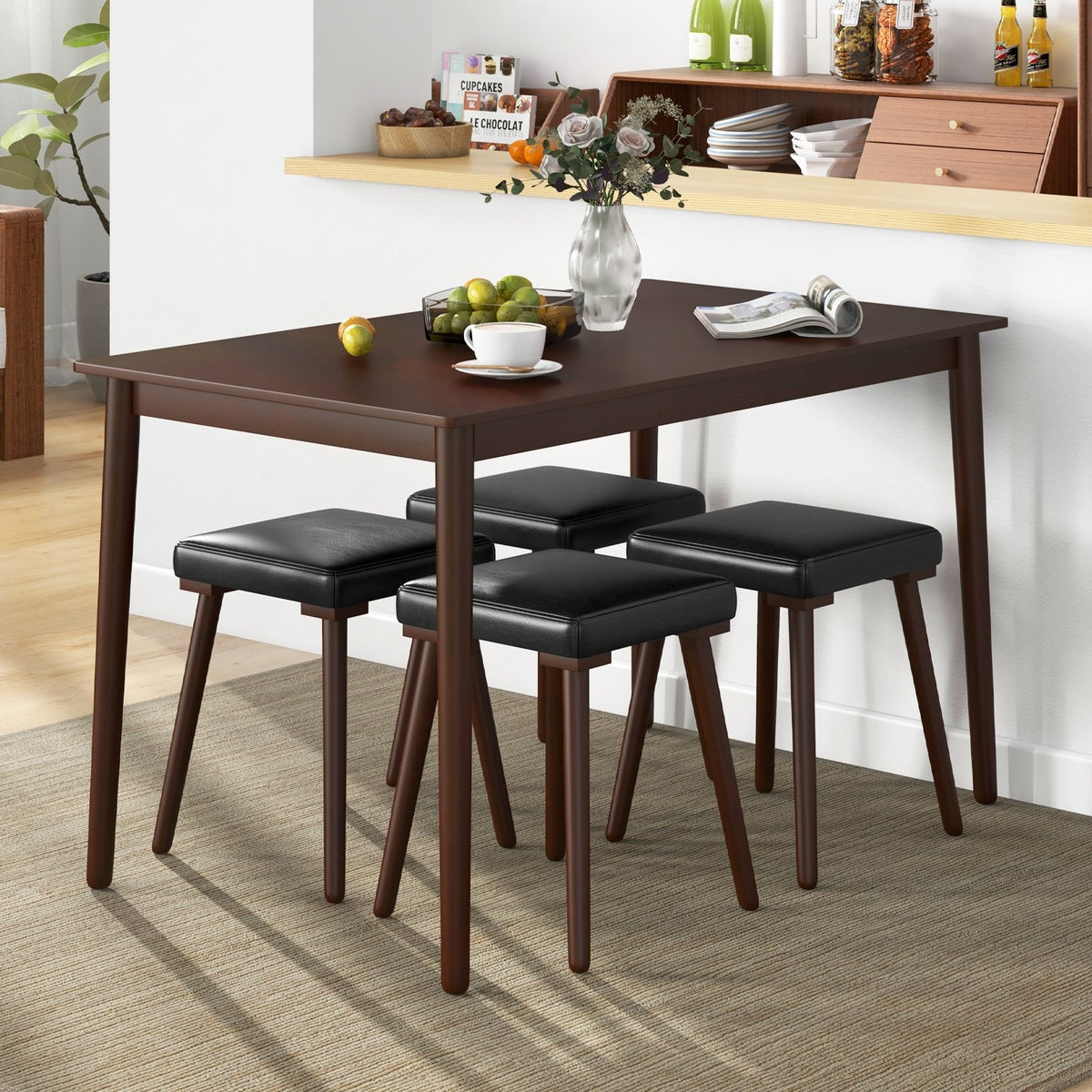 5 Piece Dining Table Set for 4 with 4 Upholstered Stools and Rubber Wood Legs-Brown view 2