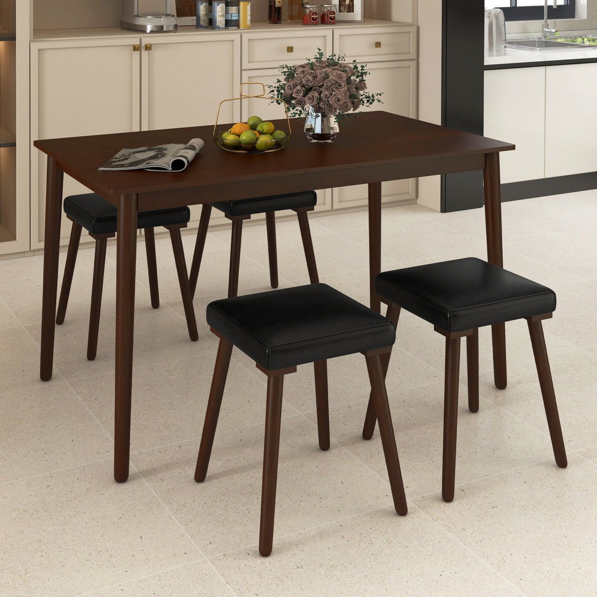 5 Piece Dining Table Set for 4 with 4 Upholstered Stools and Rubber Wood Legs-Brown view 3