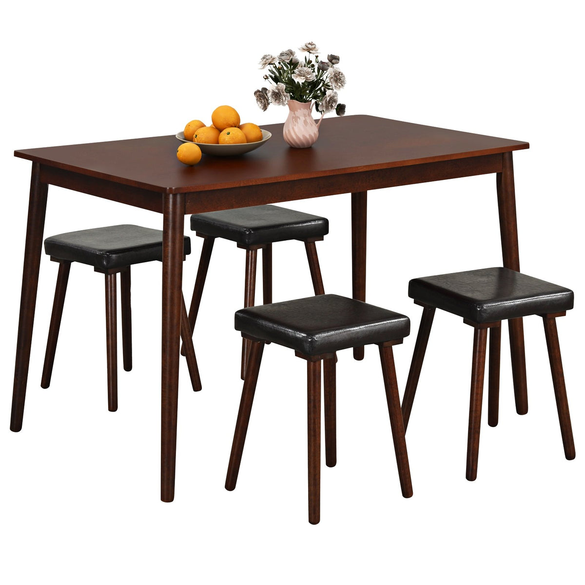 5 Piece Dining Table Set for 4 with 4 Upholstered Stools and Rubber Wood Legs-Brown view 4