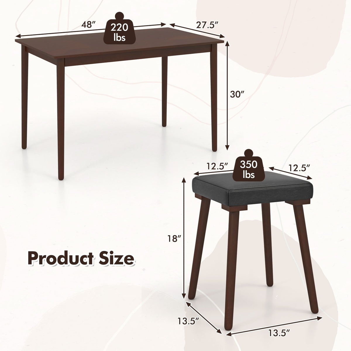 5 Piece Dining Table Set for 4 with 4 Upholstered Stools and Rubber Wood Legs-Brown view 5