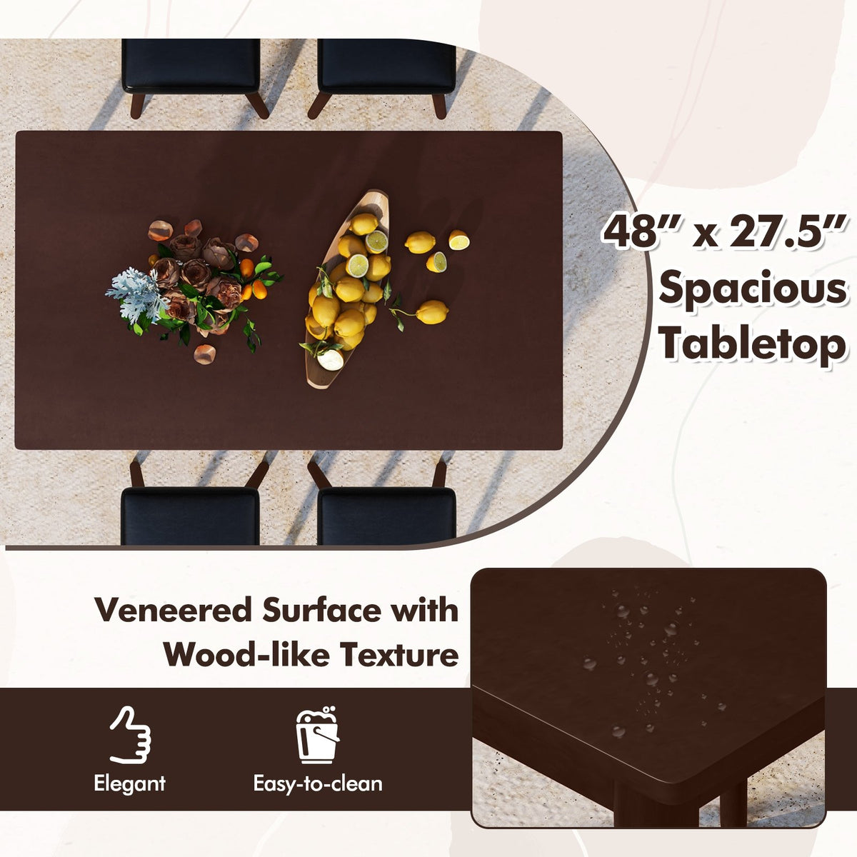 5 Piece Dining Table Set for 4 with 4 Upholstered Stools and Rubber Wood Legs-Brown view 7