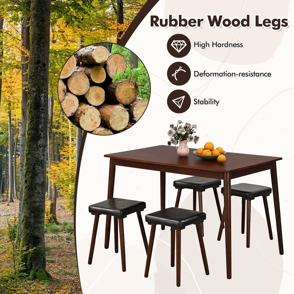 5 Piece Dining Table Set for 4 with 4 Upholstered Stools and Rubber Wood Legs-Brown view 8