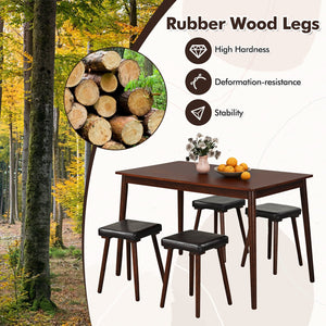 5 Piece Dining Table Set for 4 with 4 Upholstered Stools and Rubber Wood Legs-Brown view 8