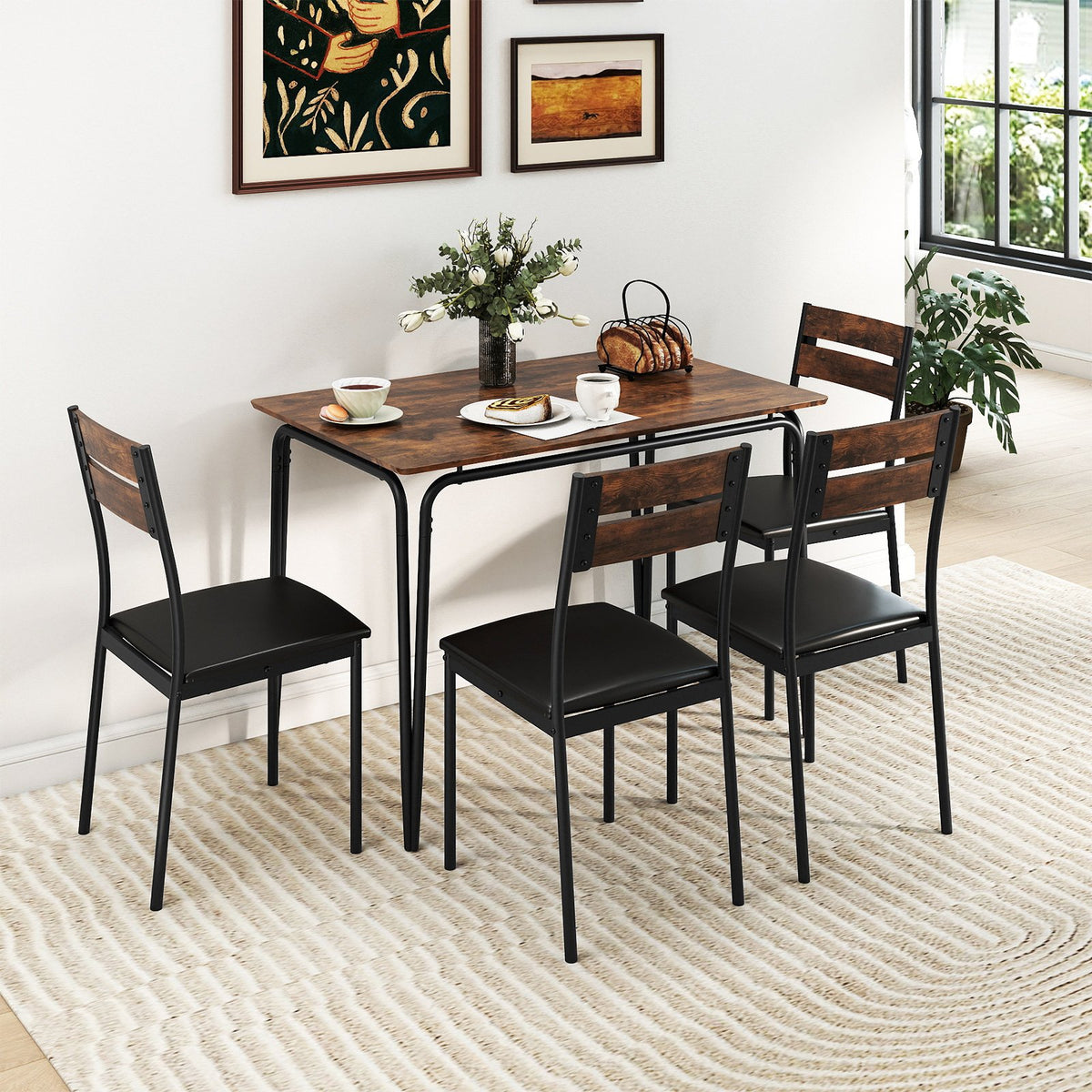 5-Piece Dining Table Set Industrial Rectangular Kitchen Table and 4 Armless Chairs-Rustic Brown view 3