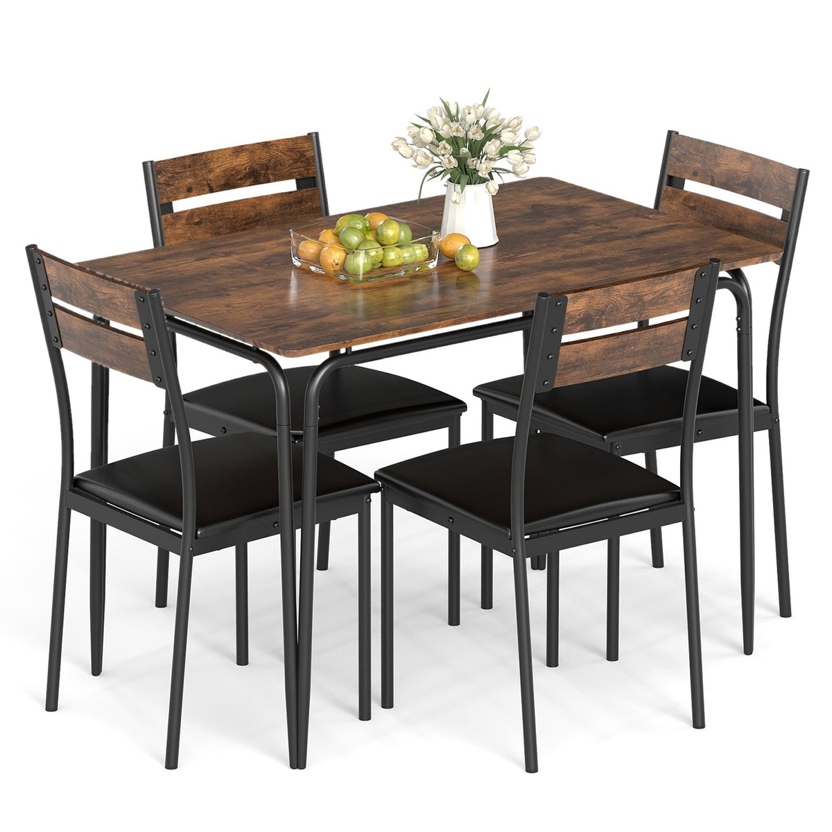 5-Piece Dining Table Set Industrial Rectangular Kitchen Table and 4 Armless Chairs-Rustic Brown view 4