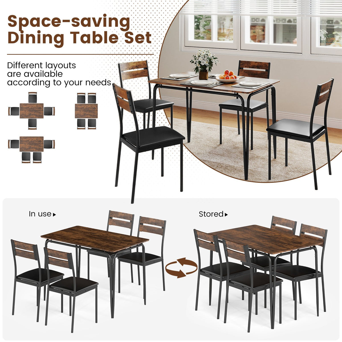 5-Piece Dining Table Set Industrial Rectangular Kitchen Table and 4 Armless Chairs-Rustic Brown view 7