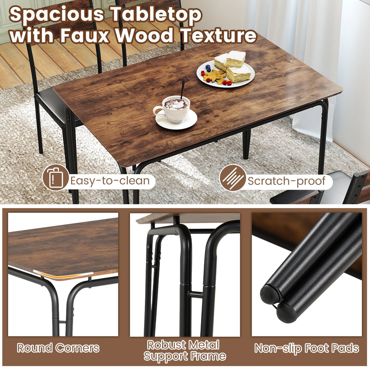5-Piece Dining Table Set Industrial Rectangular Kitchen Table and 4 Armless Chairs-Rustic Brown view 8