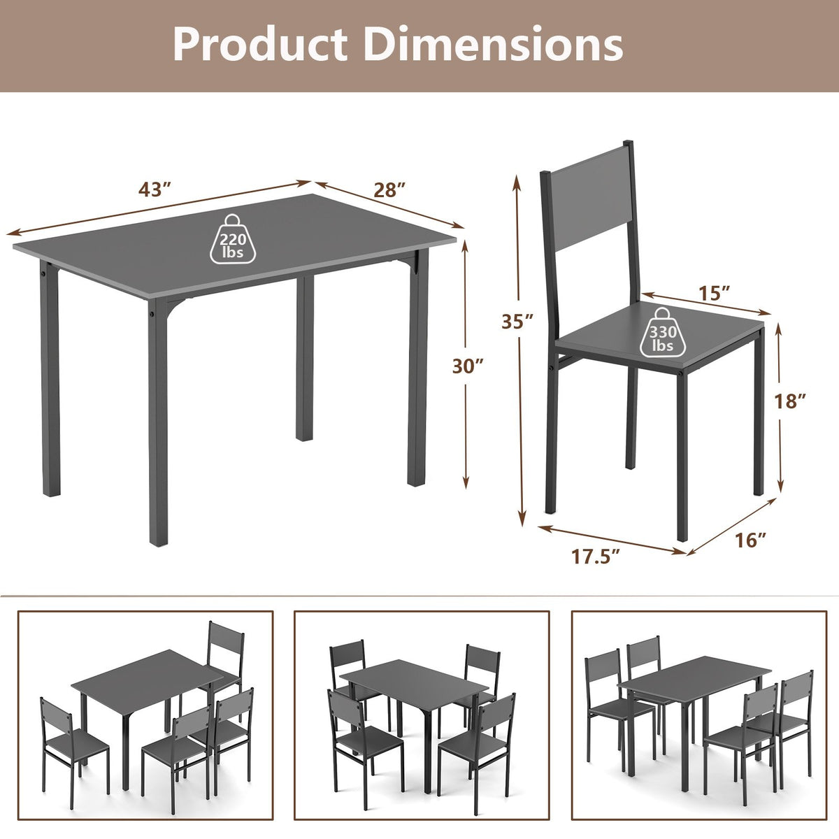 5 Piece Dining Table Set Industrial Style Kitchen Table and Chairs for 4-Grey view 6