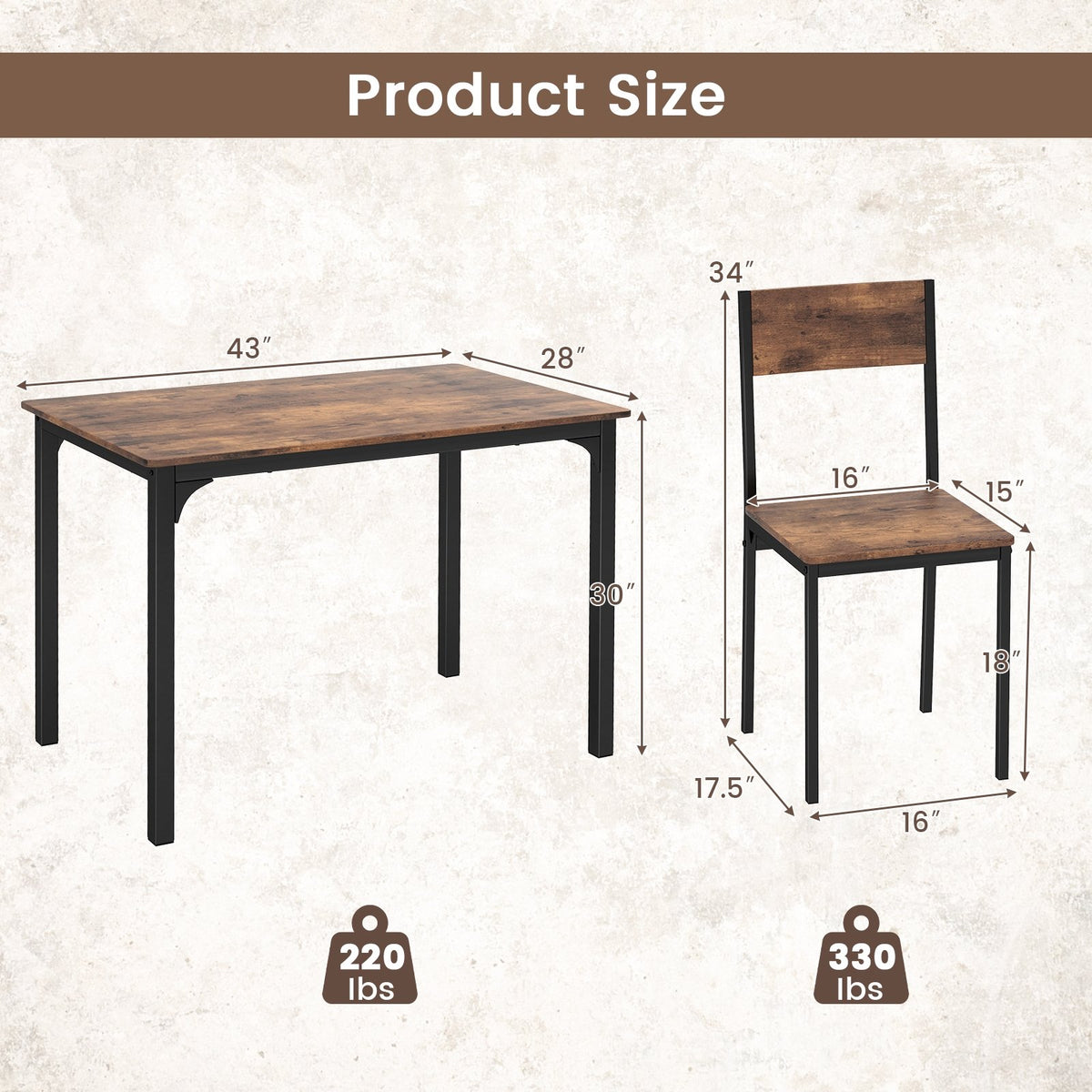 5 Piece Dining Table Set Industrial Style Kitchen Table and Chairs for 4-Rustic Brown view 5