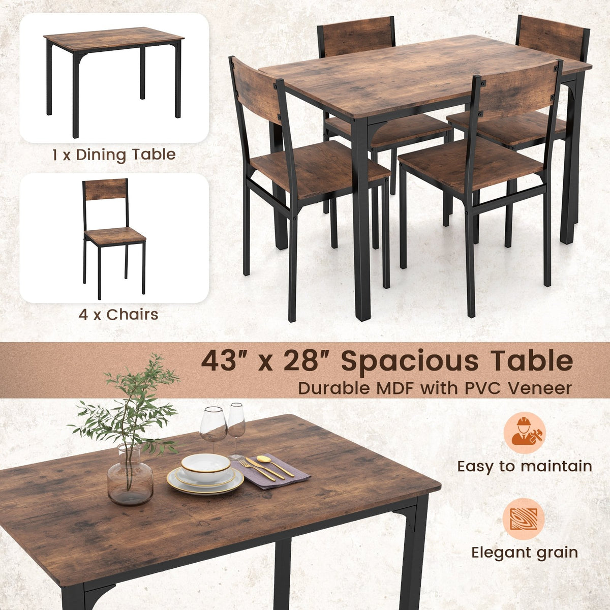 5 Piece Dining Table Set Industrial Style Kitchen Table and Chairs for 4-Rustic Brown view 7