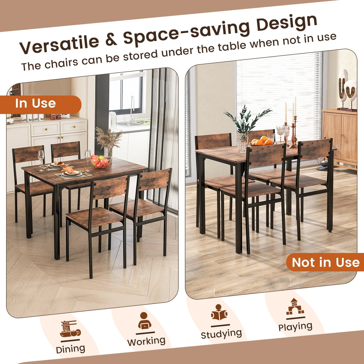 5 Piece Dining Table Set Industrial Style Kitchen Table and Chairs for 4-Rustic Brown view 8