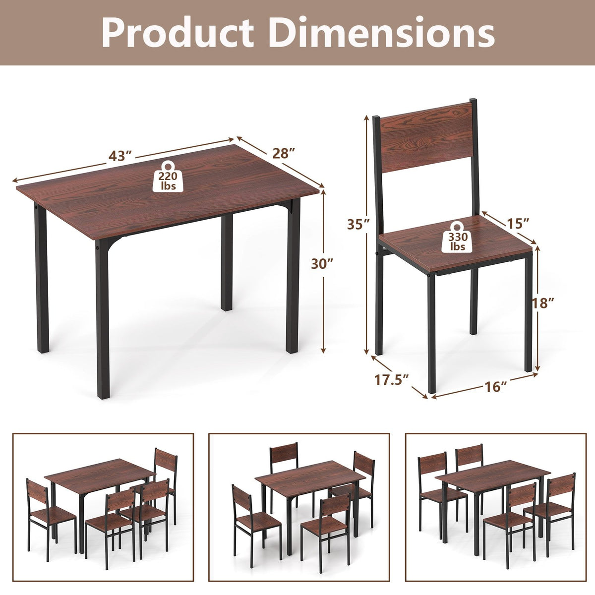 5 Piece Dining Table Set Industrial Style Kitchen Table and Chairs for 4-Walnut view 5