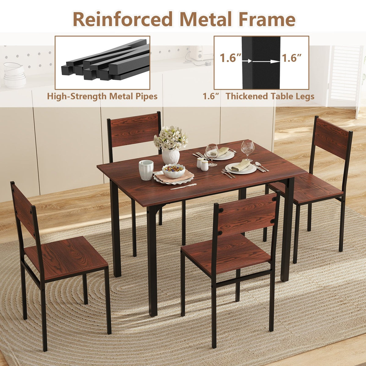 5 Piece Dining Table Set Industrial Style Kitchen Table and Chairs for 4-Walnut view 9