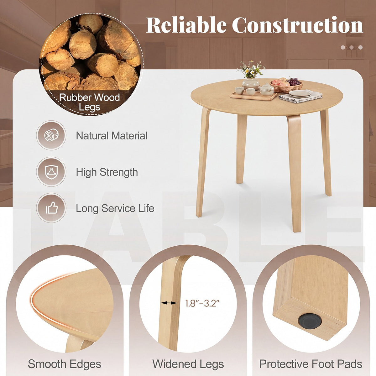 5 Piece Dining Table Set with 4 Padded Dining Chairs and Rubber Wood Table-Natural view 8