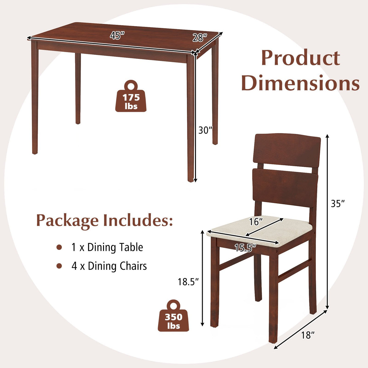 5-Piece Dining Table Set with High Curved Back for 4 People-Walnut view 4