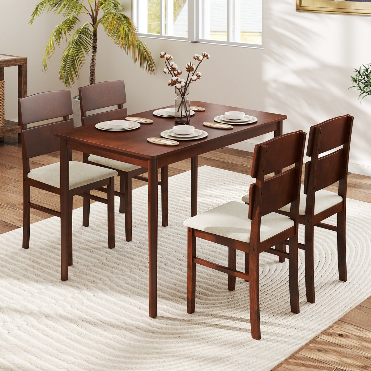 5-Piece Dining Table Set with High Curved Back for 4 People-Walnut view 5
