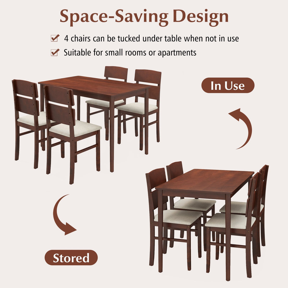 5-Piece Dining Table Set with High Curved Back for 4 People-Walnut view 7