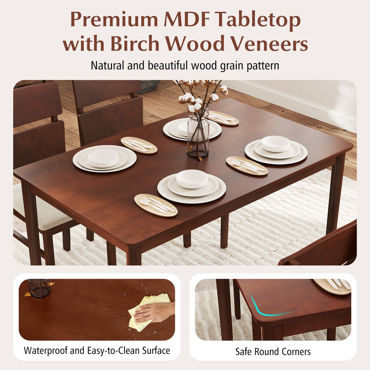 5-Piece Dining Table Set with High Curved Back for 4 People-Walnut view 9