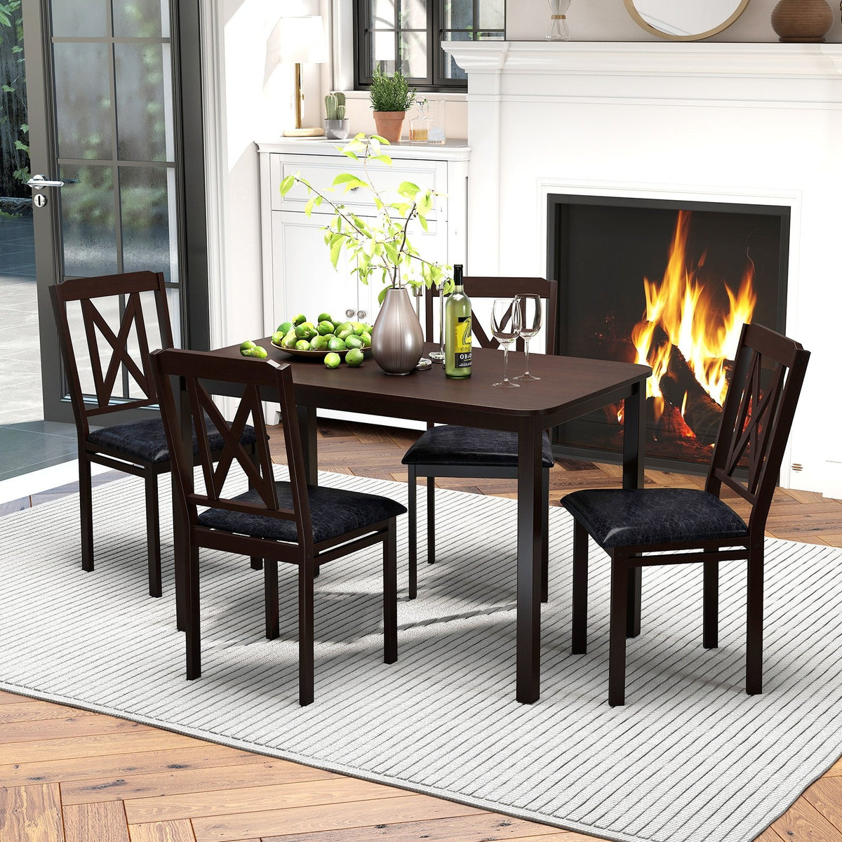5-Piece Dining Table Set with Wide Tabletop and Rubber Wood Legs-Black view 3