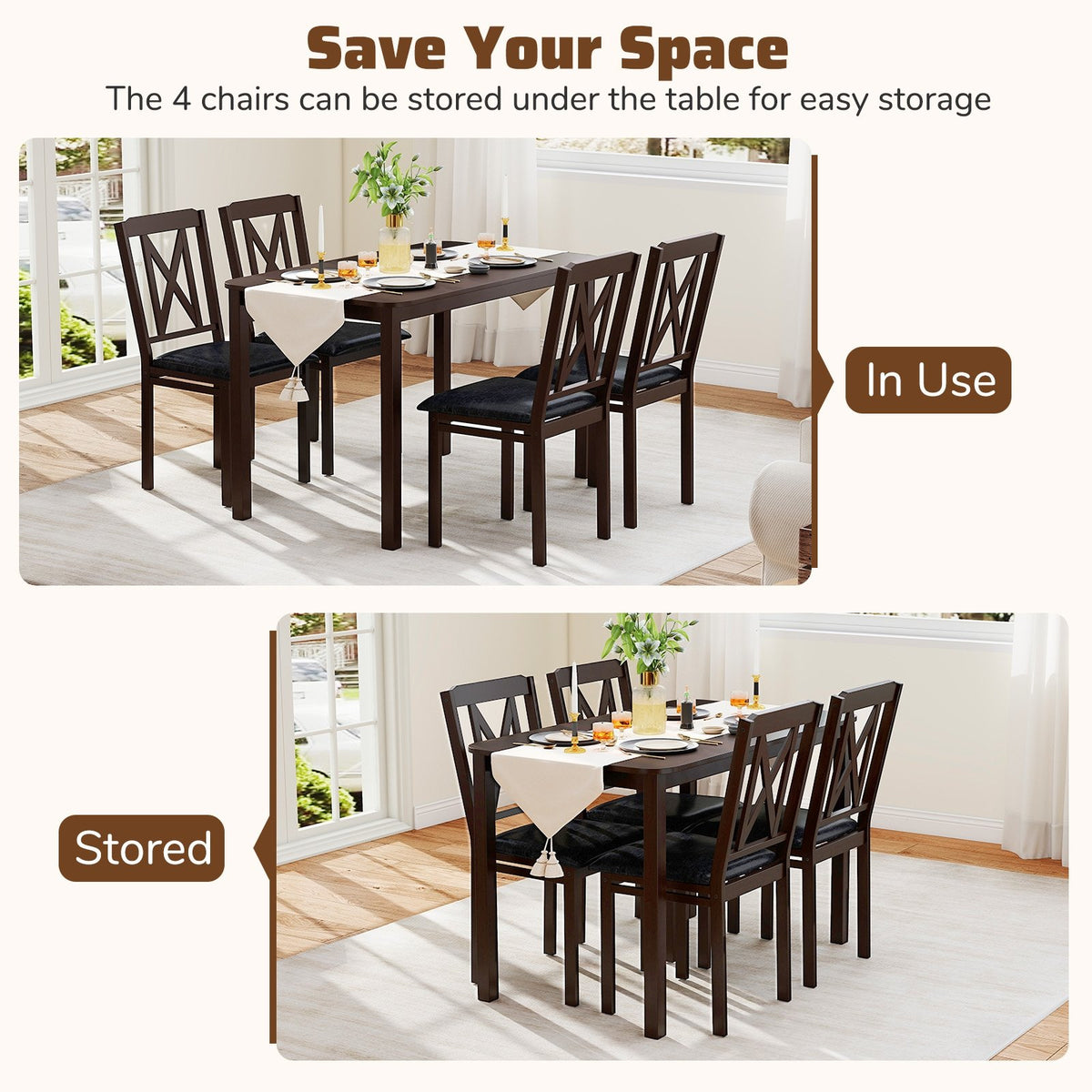 5-Piece Dining Table Set with Wide Tabletop and Rubber Wood Legs-Black view 6