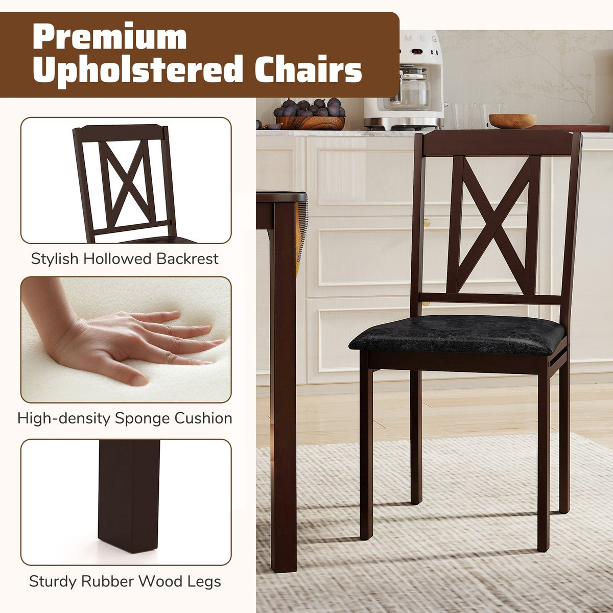 5-Piece Dining Table Set with Wide Tabletop and Rubber Wood Legs-Black view 8