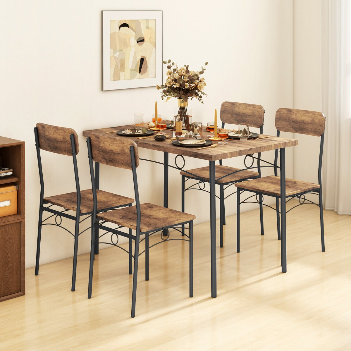 5-Piece Industrial Dining Table Set for 4 for Small Place Apartment-Brown view 2