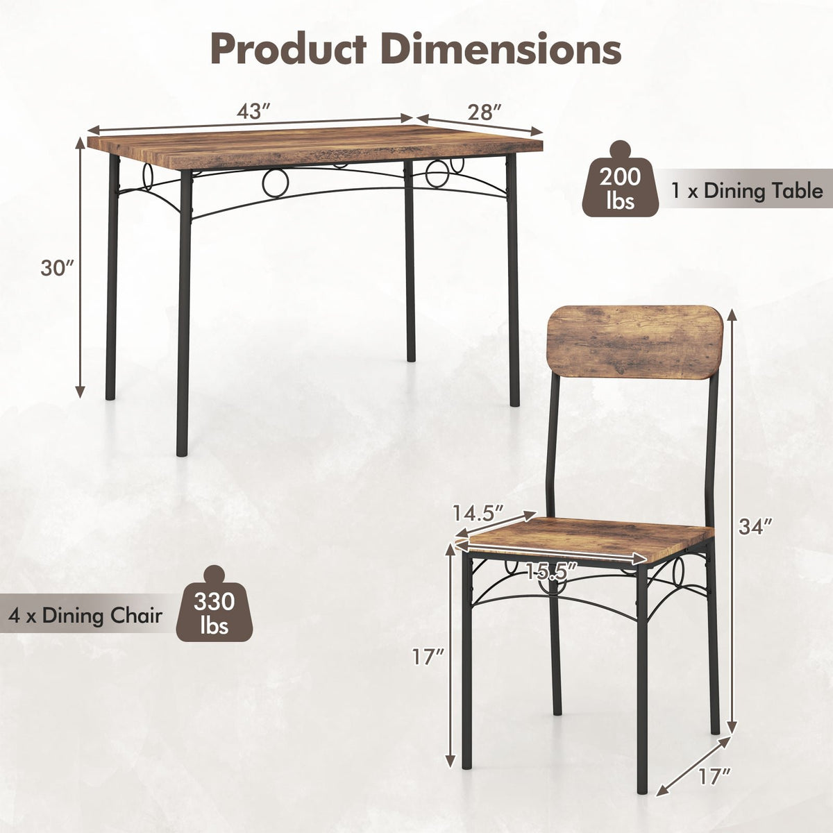 5-Piece Industrial Dining Table Set for 4 for Small Place Apartment-Brown view 5