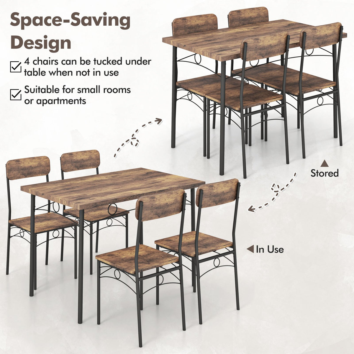 5-Piece Industrial Dining Table Set for 4 for Small Place Apartment-Brown view 9