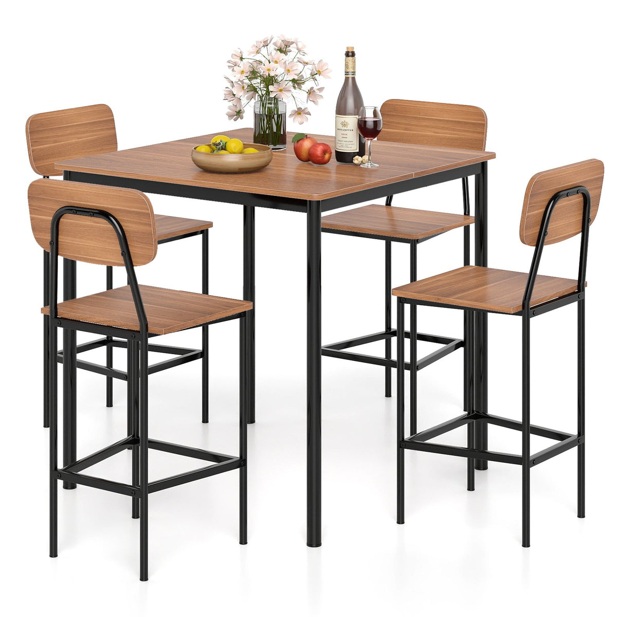 5-Piece Industrial Dining Table Set with Counter Height Table and 4 Bar Stools-Teak