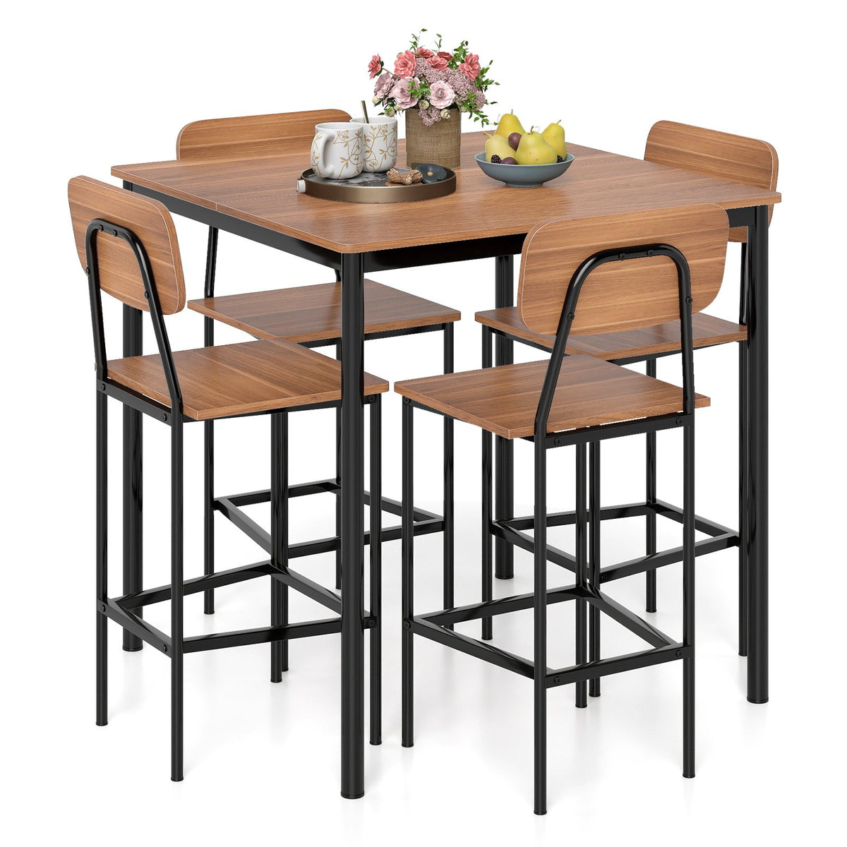 5-Piece Industrial Dining Table Set with Counter Height Table and 4 Bar Stools-Teak view 4