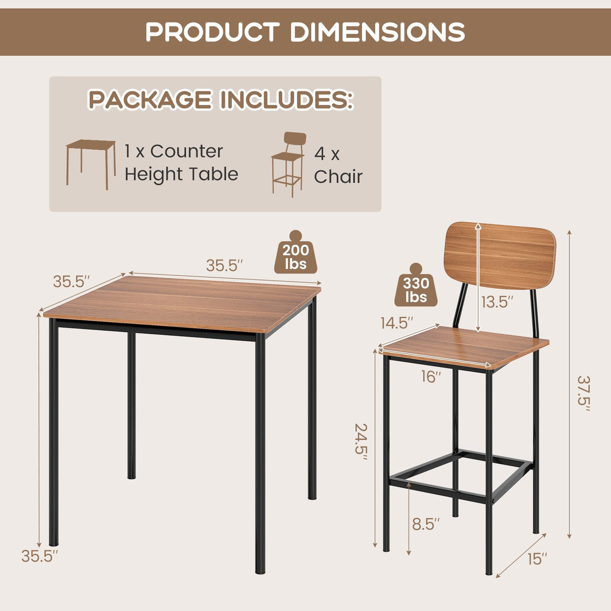 5-Piece Industrial Dining Table Set with Counter Height Table and 4 Bar Stools-Teak view 5