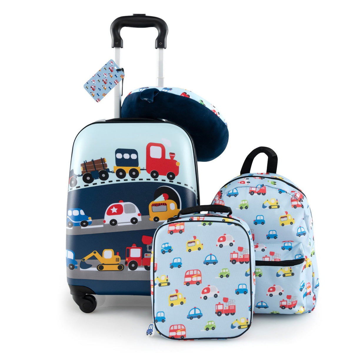 5 Piece Kids Luggage Set with Backpack, Neck Pillow, Name Tag, Lunch Bag-Blue