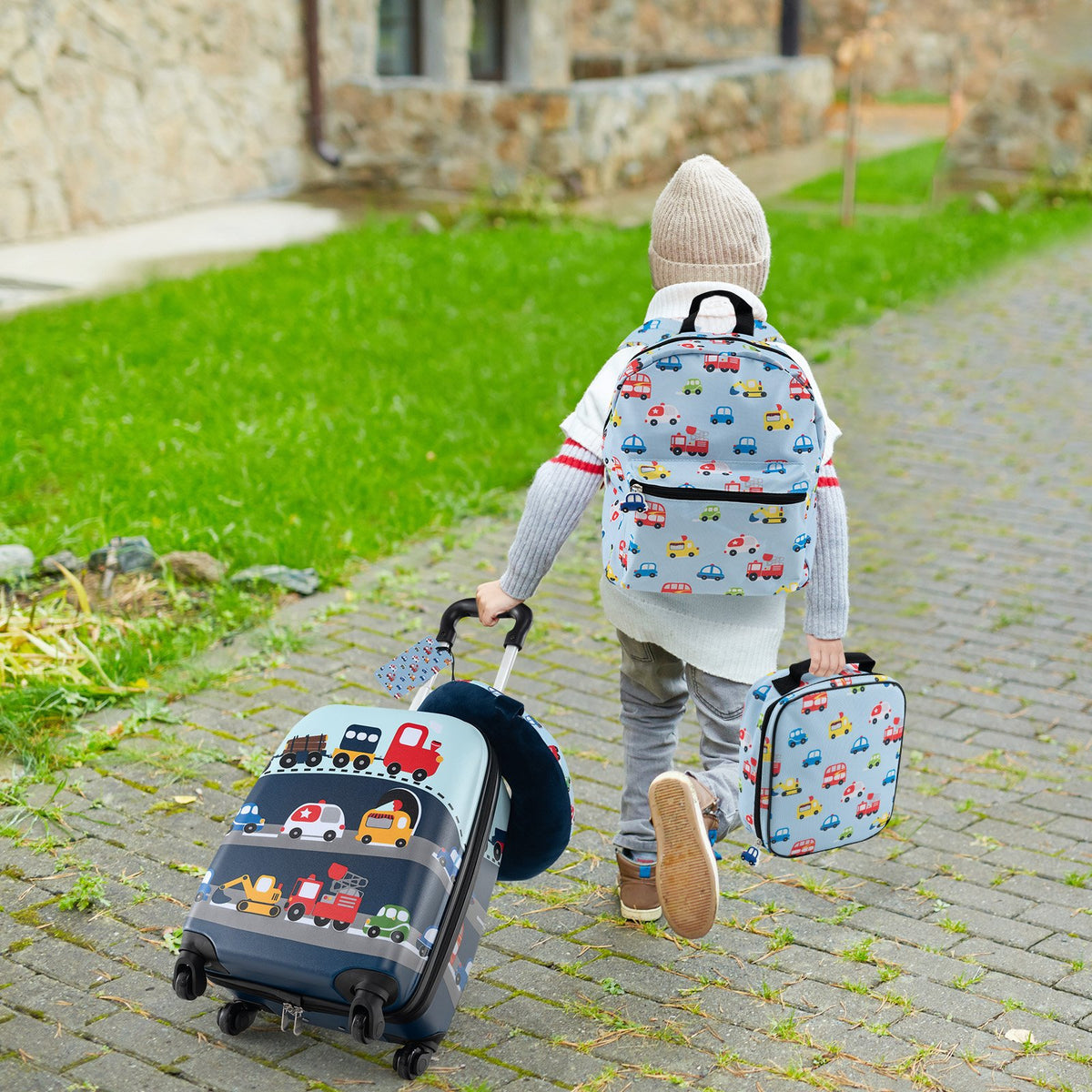 5 Piece Kids Luggage Set with Backpack, Neck Pillow, Name Tag, Lunch Bag-Blue view 2