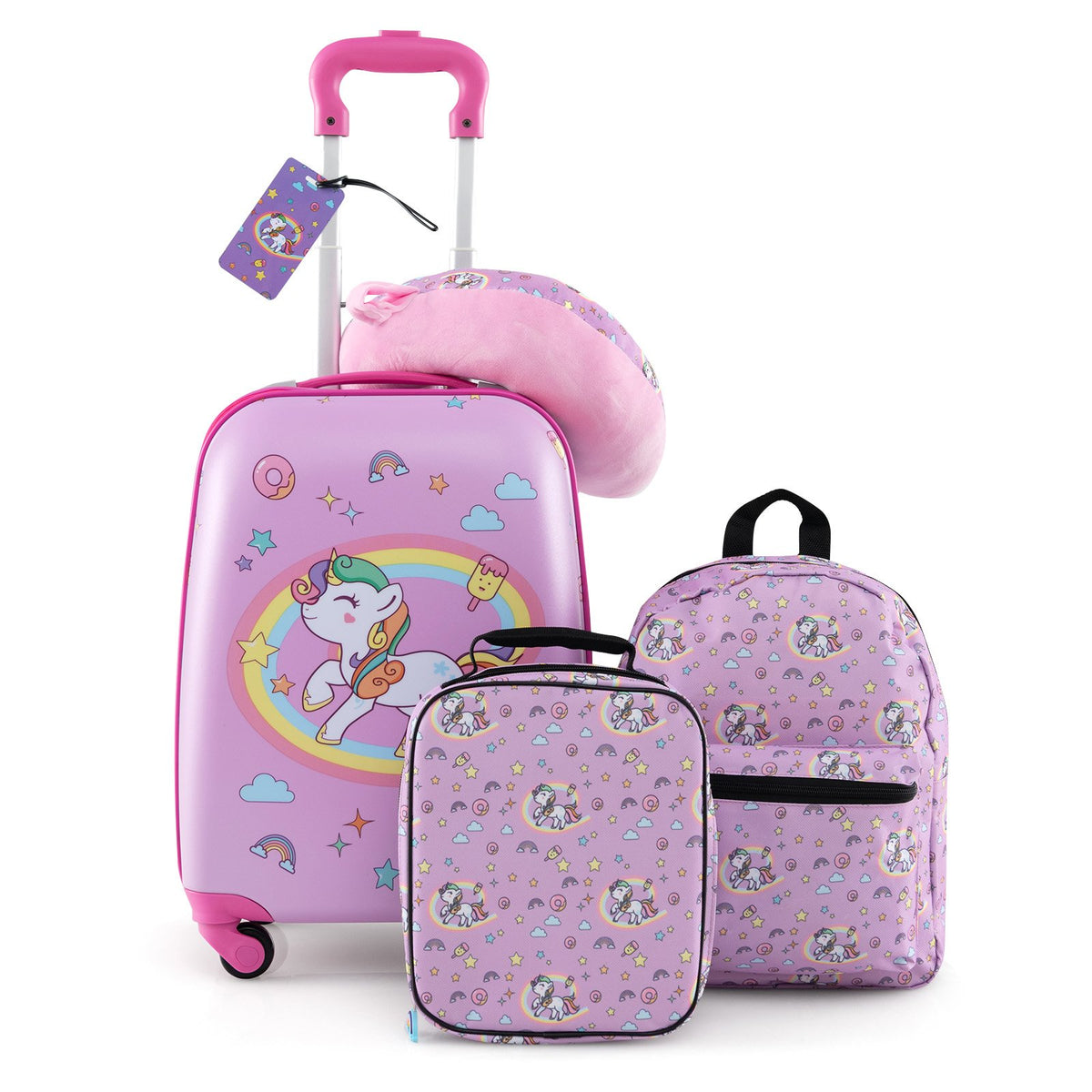 5 Piece Kids Luggage Set with Backpack, Neck Pillow, Name Tag, Lunch Bag-Hot Pink
