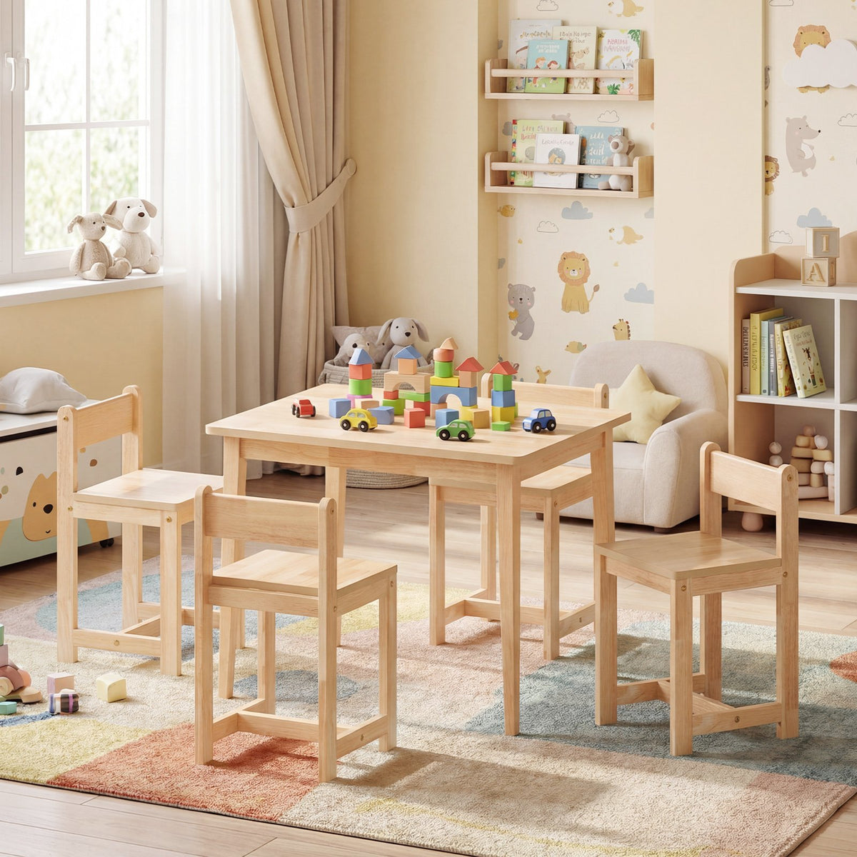 5-Piece Kids Table and Chairs Set Solid Rubber Wood Toddler Activity Table-Natural view 2