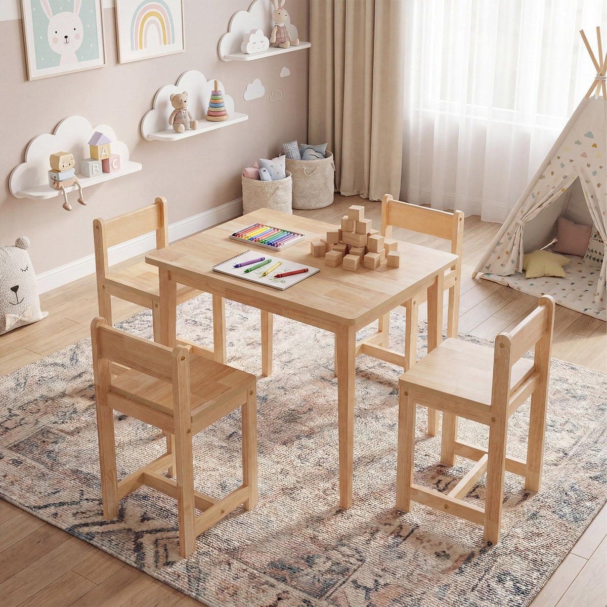 5-Piece Kids Table and Chairs Set Solid Rubber Wood Toddler Activity Table-Natural view 3