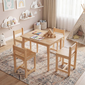 5-Piece Kids Table and Chairs Set Solid Rubber Wood Toddler Activity Table-Natural view 3