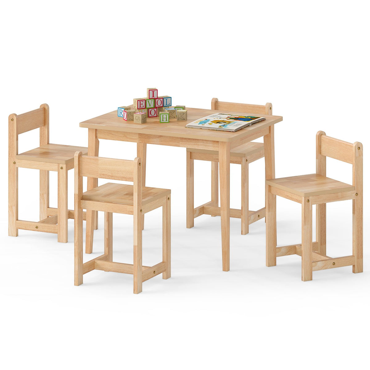 5-Piece Kids Table and Chairs Set Solid Rubber Wood Toddler Activity Table-Natural view 4