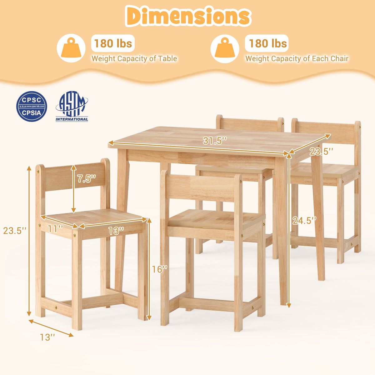 5-Piece Kids Table and Chairs Set Solid Rubber Wood Toddler Activity Table-Natural view 5