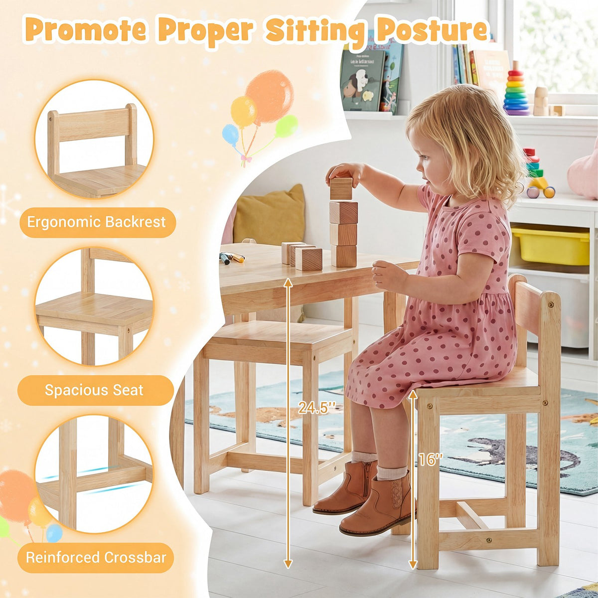 5-Piece Kids Table and Chairs Set Solid Rubber Wood Toddler Activity Table-Natural view 6