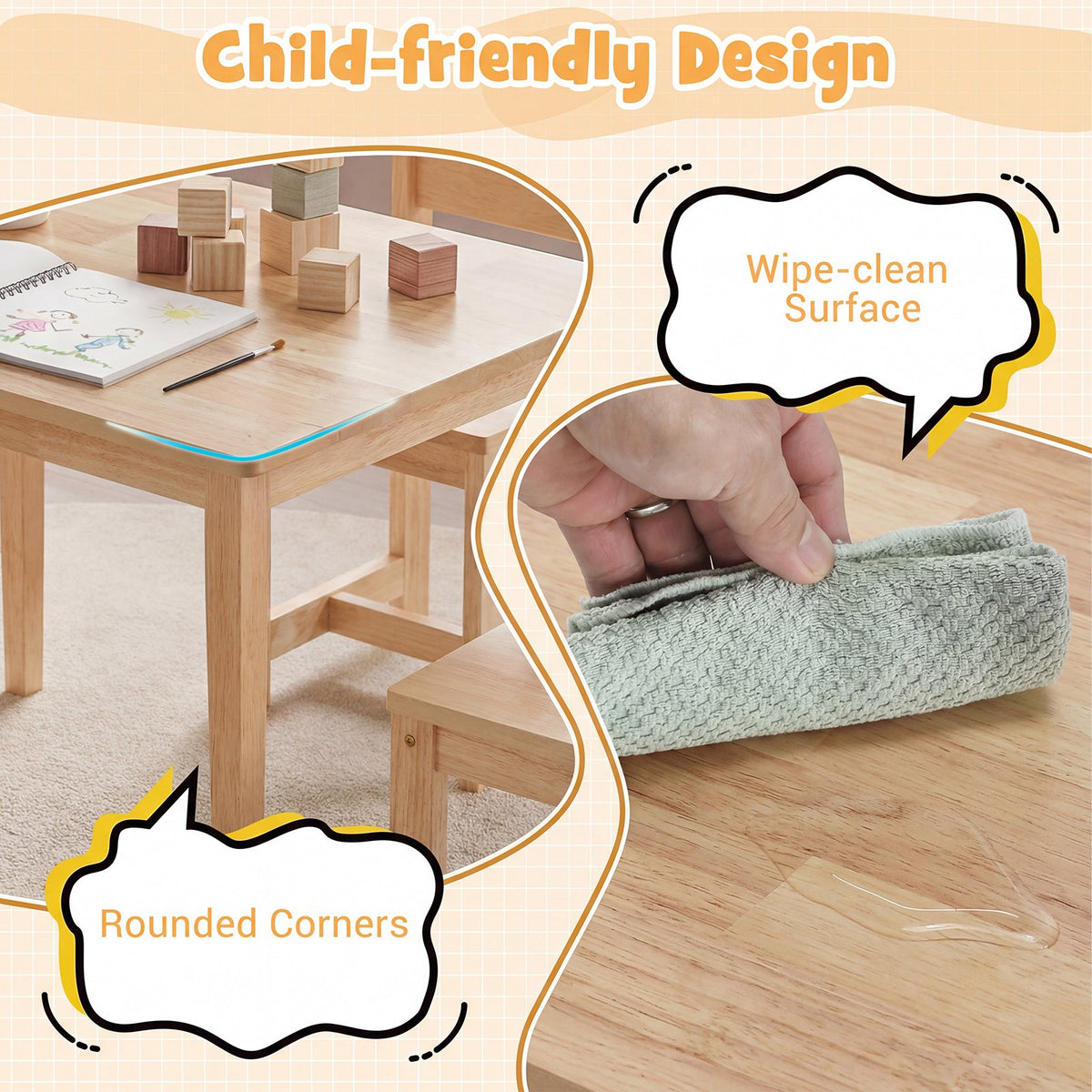 5-Piece Kids Table and Chairs Set Solid Rubber Wood Toddler Activity Table-Natural view 7