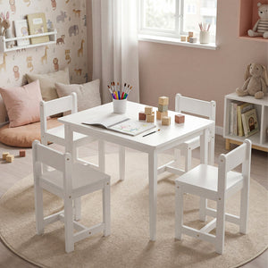 5-Piece Kids Table and Chairs Set Solid Rubber Wood Toddler Activity Table-White view 2